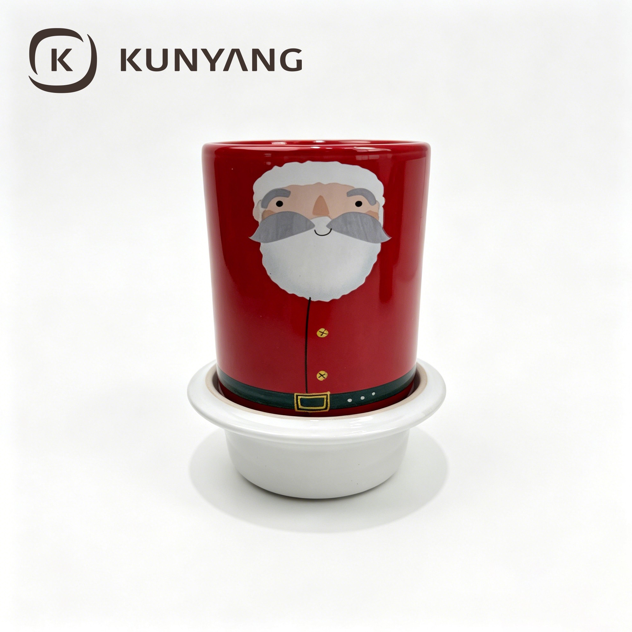 Red Santa Claus ceramic mug with a white cup lid and cap
