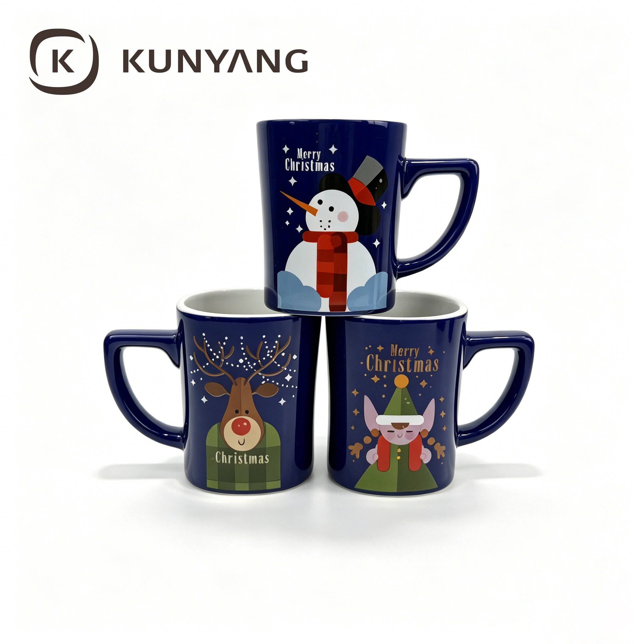 Custom Merry Christmas Ceramic Coffee Mug Set Red and Navy Blue Reindeer Snowman Elf Pattern Tea Cups for Holiday Gifts