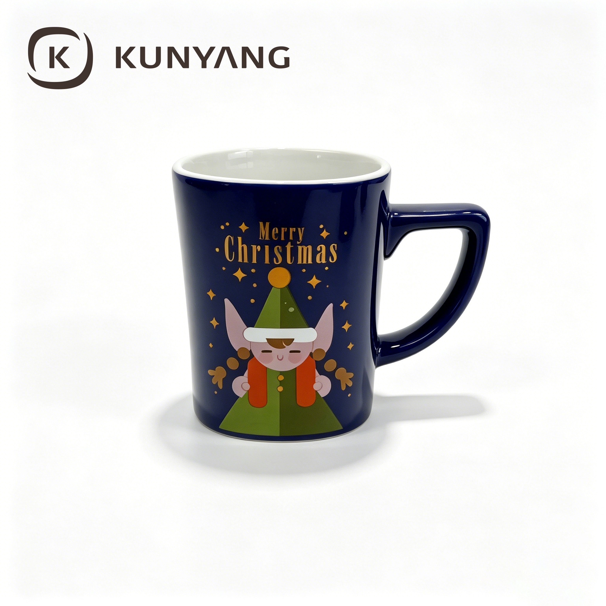Custom Merry Christmas Ceramic Coffee Mug Set Red and Navy Blue Reindeer Snowman Elf Pattern Tea Cups for Holiday Gifts