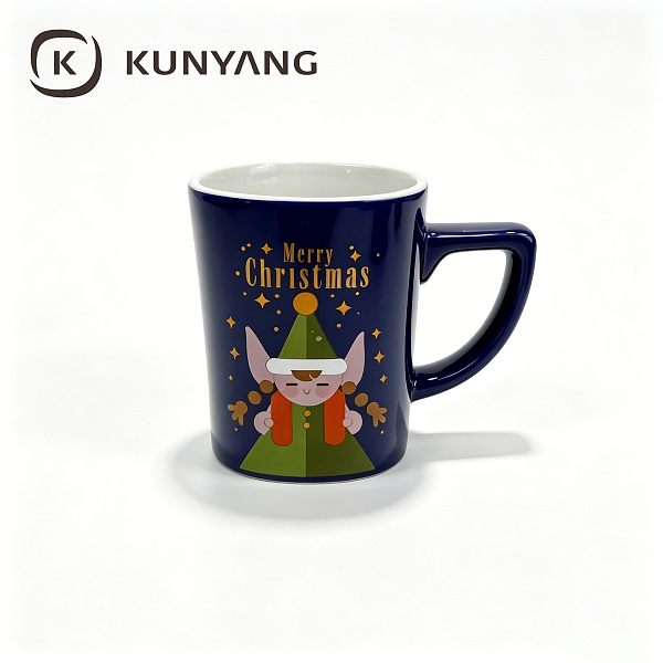 Custom Merry Christmas Ceramic Coffee Mug Set Red and Navy Blue Reindeer Snowman Elf Pattern Tea Cups for Holiday Gifts