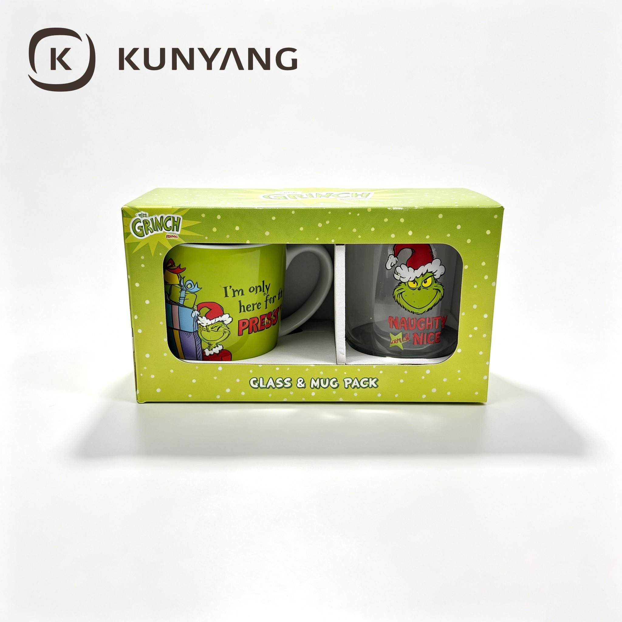 Custom The Grinch Christmas Gift Set Ceramic Coffee Mug and Glass Cup Pack for Holiday Presents