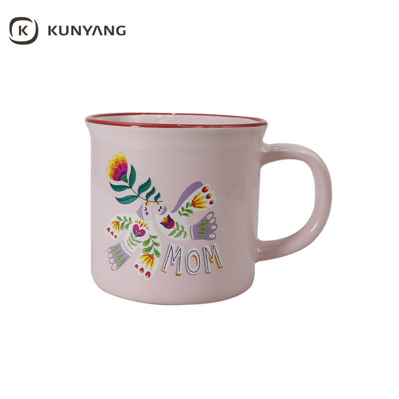 Mother's Day Red Rim MOM Floral Pink Ceramic Mug