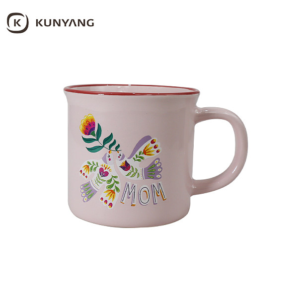 Mother's Day Red Rim MOM Floral Pink Ceramic Mug