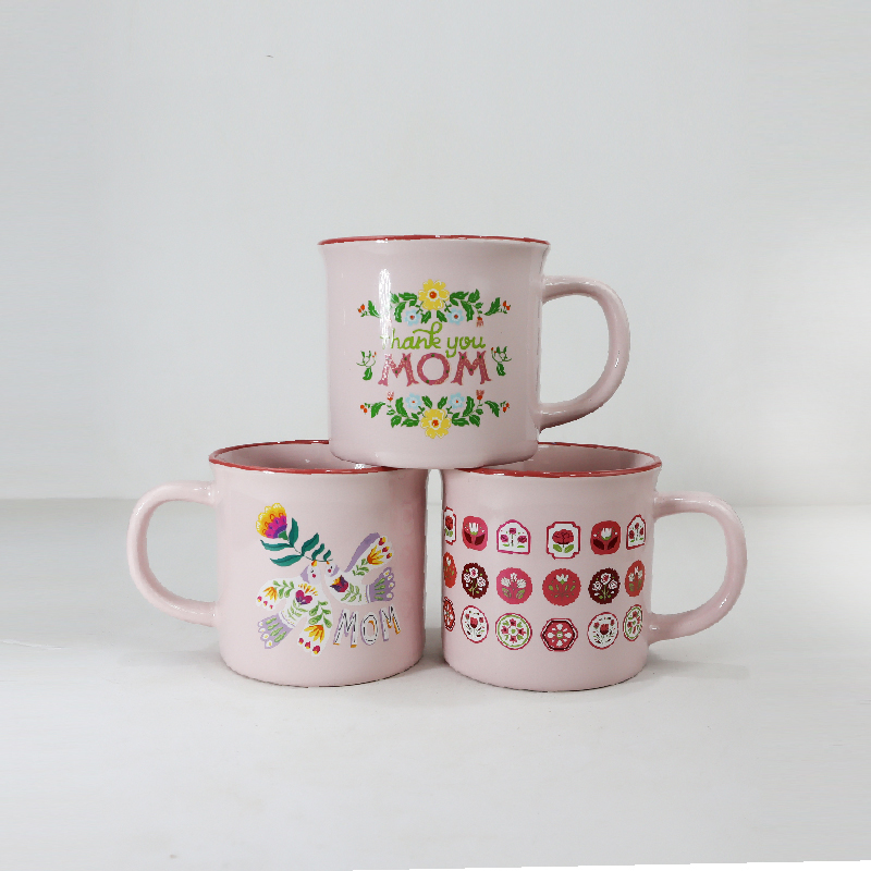 Mother's Day Red Rim MOM Floral Pink Ceramic Mug