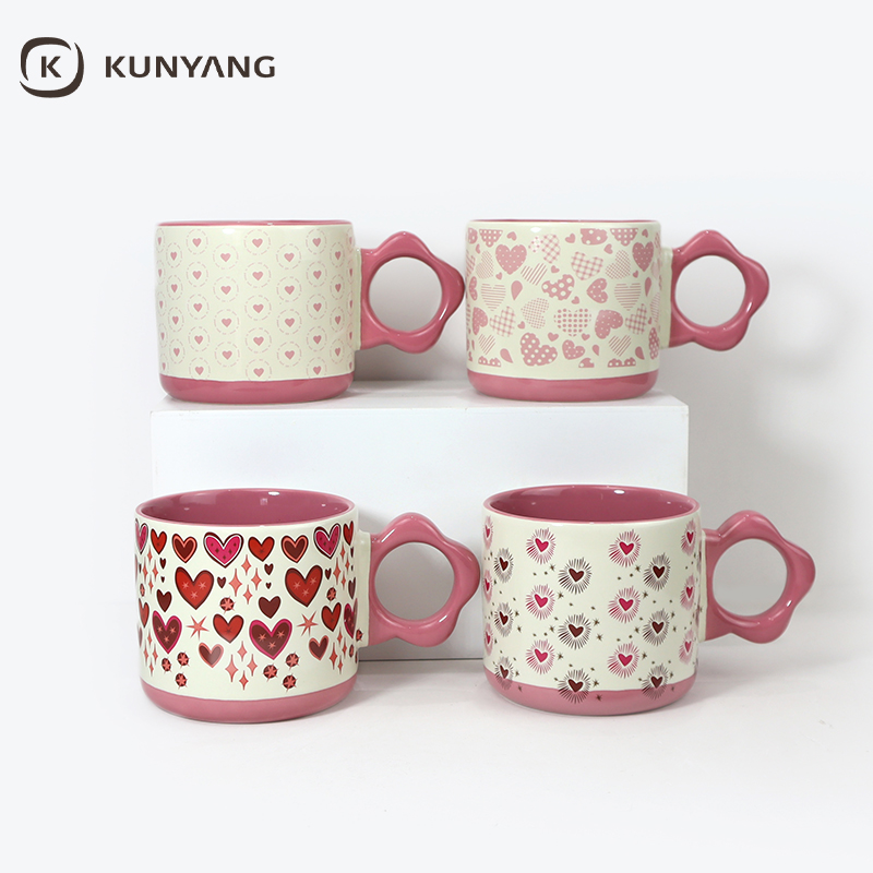 Red Pink Love Heart Print Coffee Cup for Couple Holiday Gift