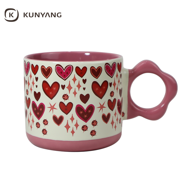 Red Pink Love Heart Print Coffee Cup for Couple Holiday Gift