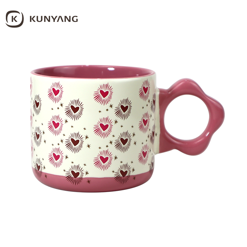 Red Pink Love Heart Print Coffee Cup for Couple Holiday Gift