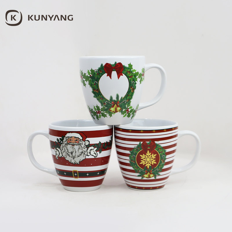 Red Striped Ceramic Mug with Santa & Wreath Christmas Pattern