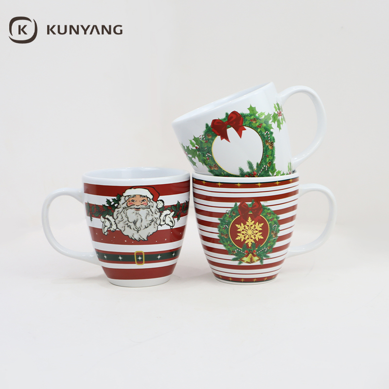 Red Striped Ceramic Mug with Santa & Wreath Christmas Pattern