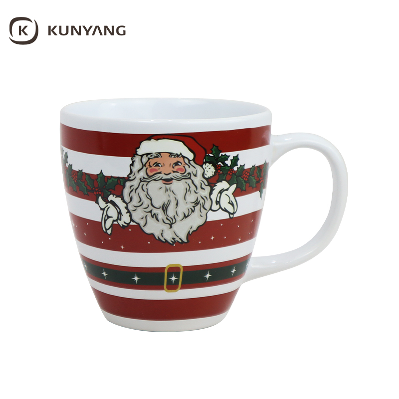 Red Striped Ceramic Mug with Santa & Wreath Christmas Pattern