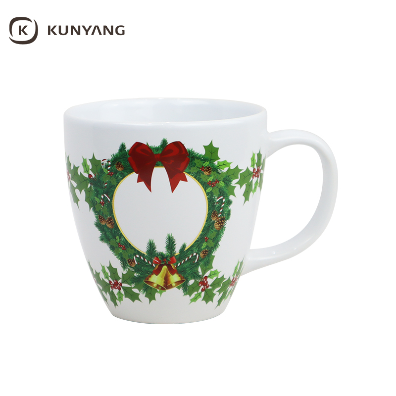 Red Striped Ceramic Mug with Santa & Wreath Christmas Pattern