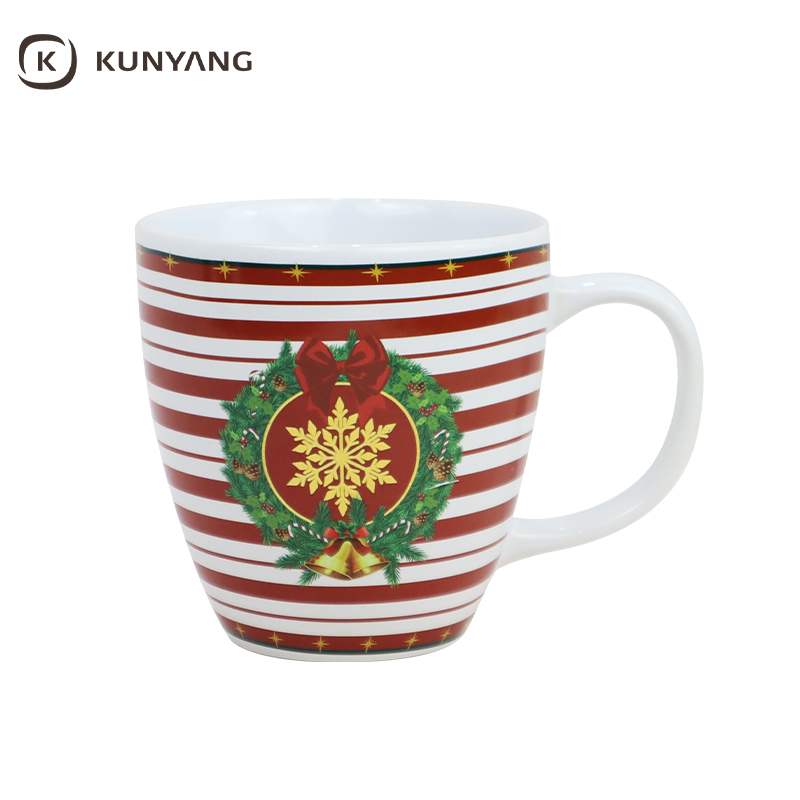 Red Striped Ceramic Mug with Santa & Wreath Christmas Pattern
