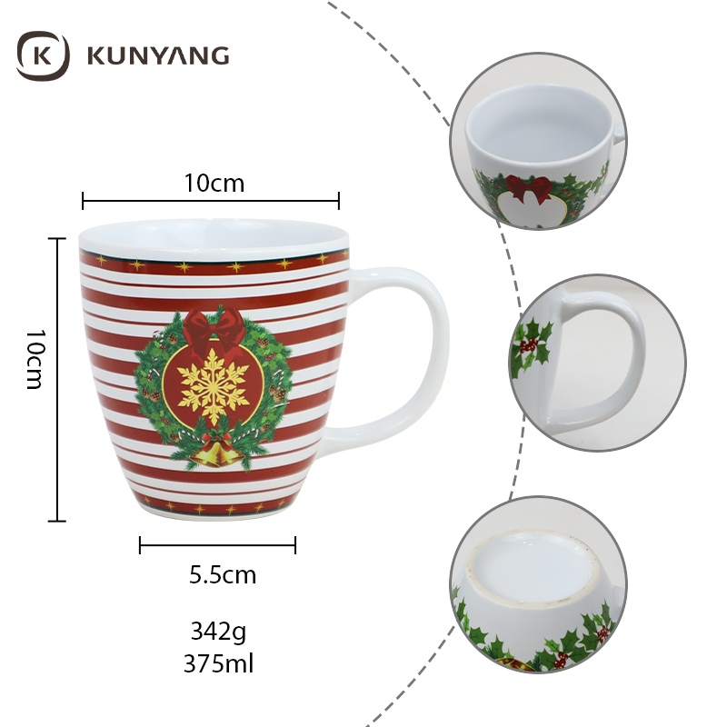 Red Striped Ceramic Mug with Santa & Wreath Christmas Pattern