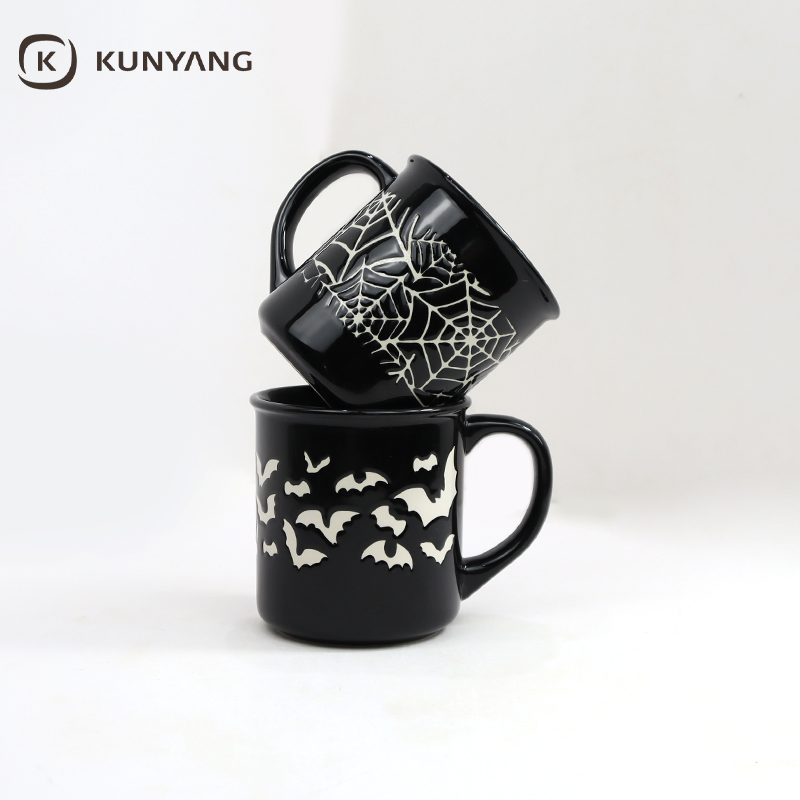 White Halloween Pattern Glossy Black Coffee Cup