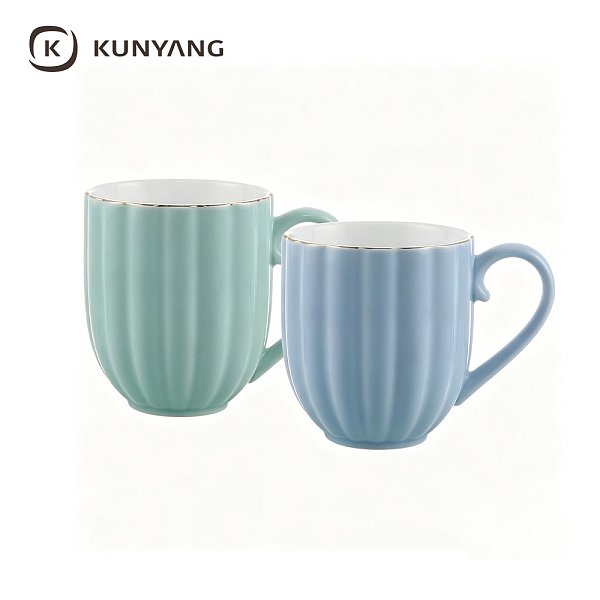 Mint Blue Striped Gold Rim Coffee Cups