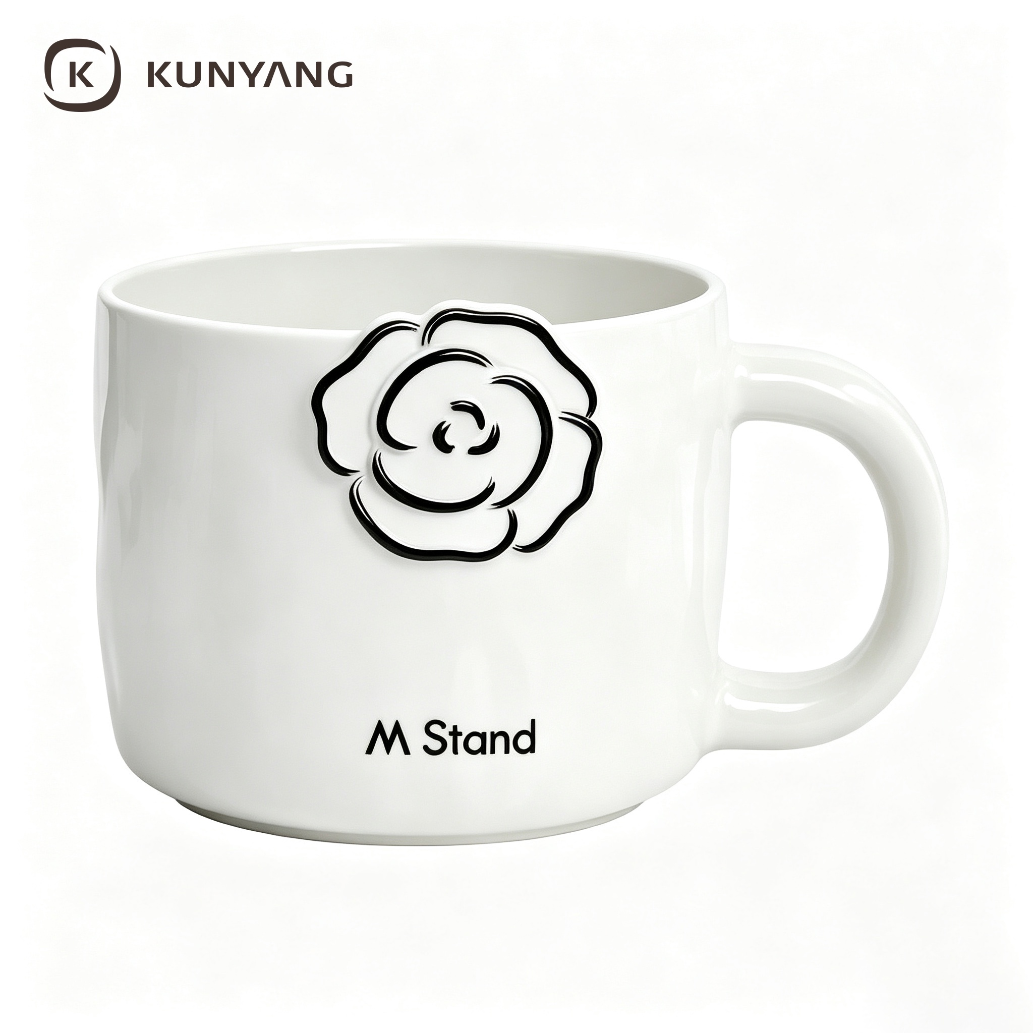 Glossy White Embossed Black Outline Rose Ceramic Mug
