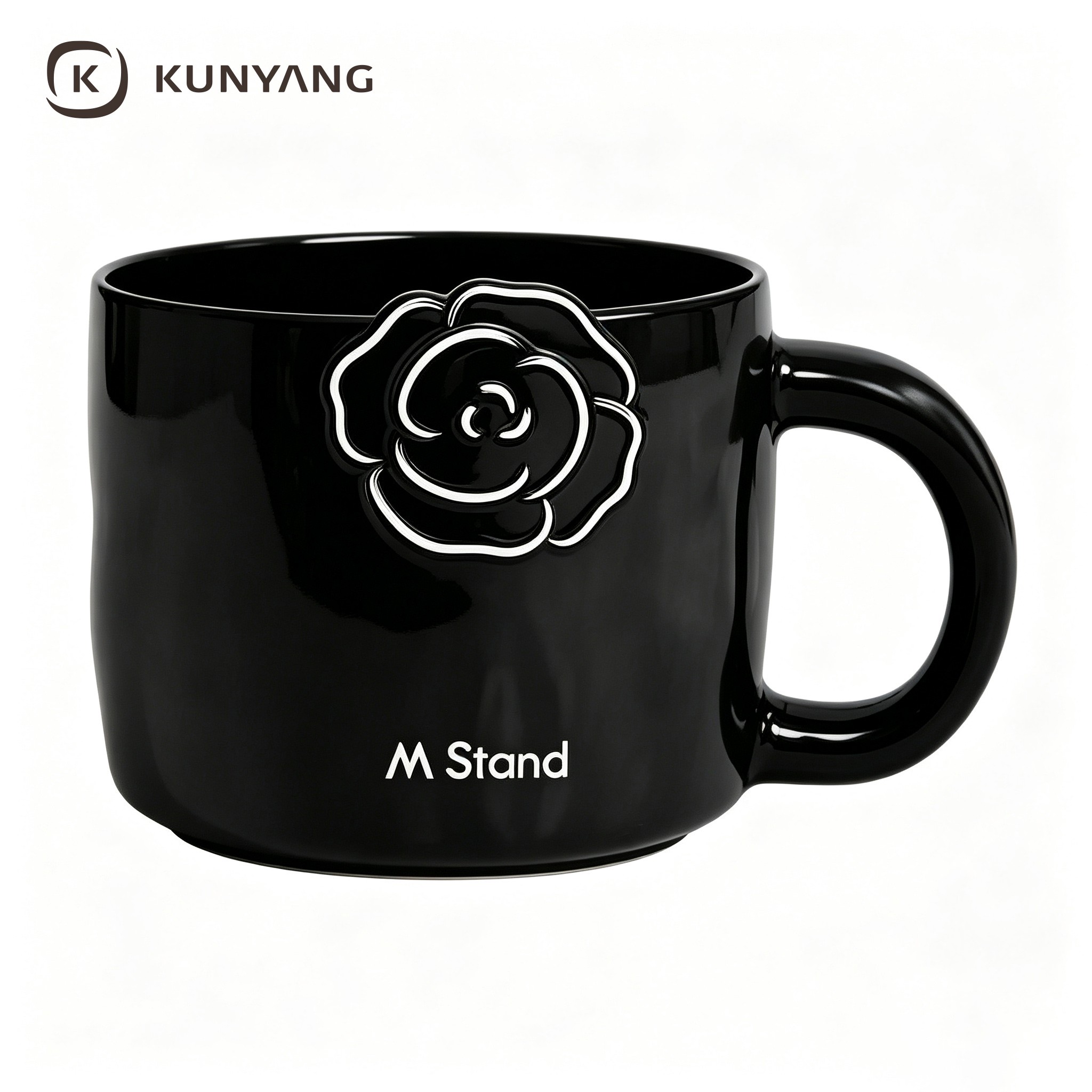 Glossy Black Embossed White Outline Rose Ceramic Mug