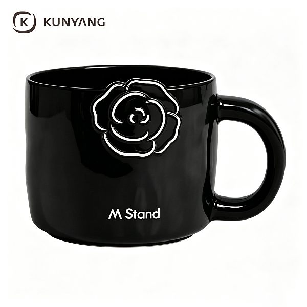 Glossy Black Embossed White Outline Rose Ceramic Mug