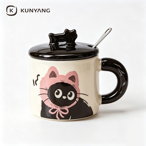 Cartoon Bonnet Black Cat Large Loop Handle Mug