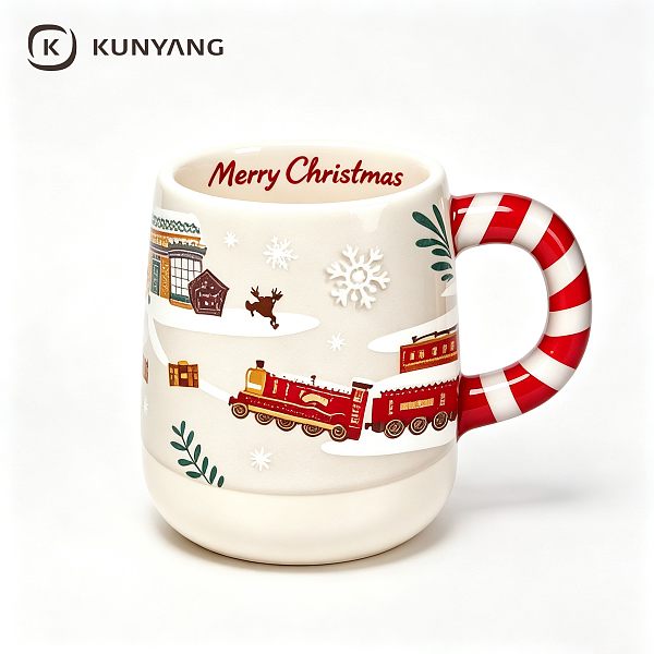 Candy Cane Handle Christmas Train Ceramic Mug