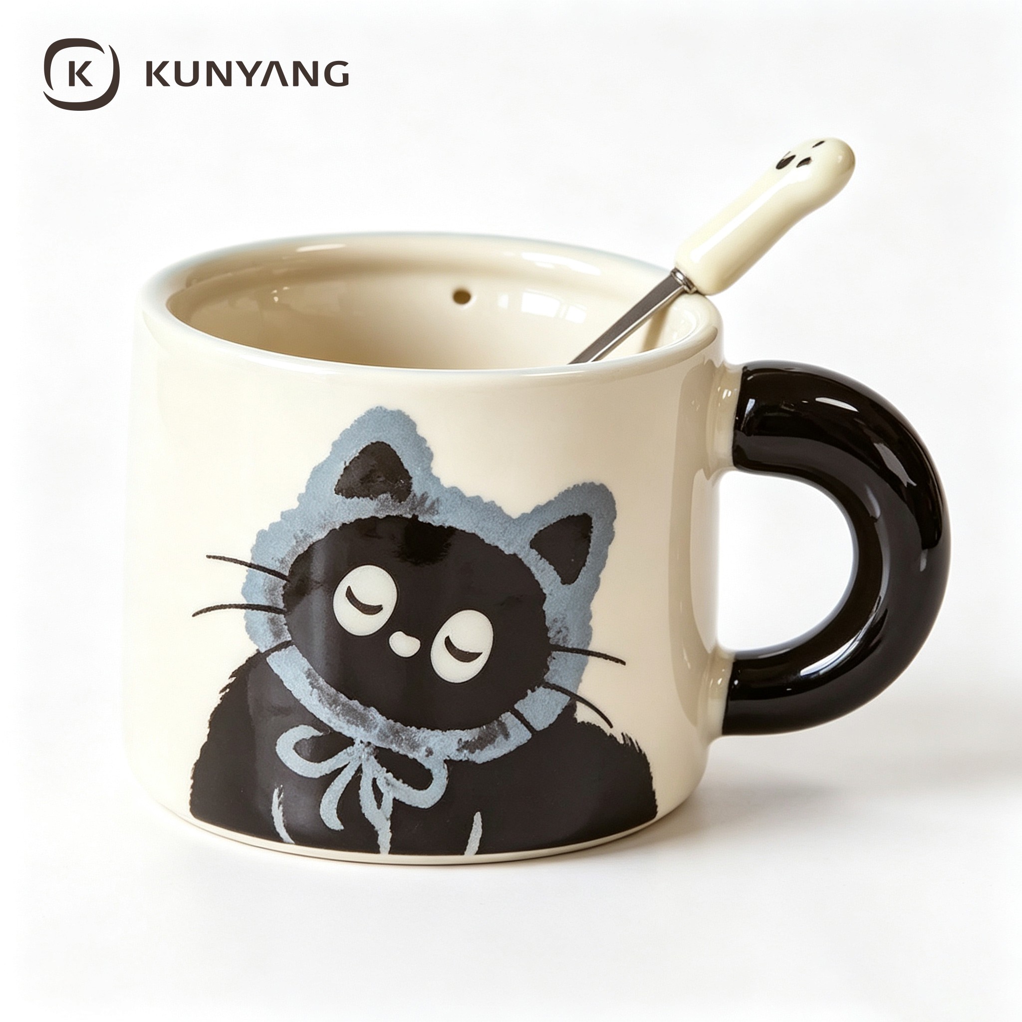 Cartoon Bonnet Black Cat Large Loop Handle Mug