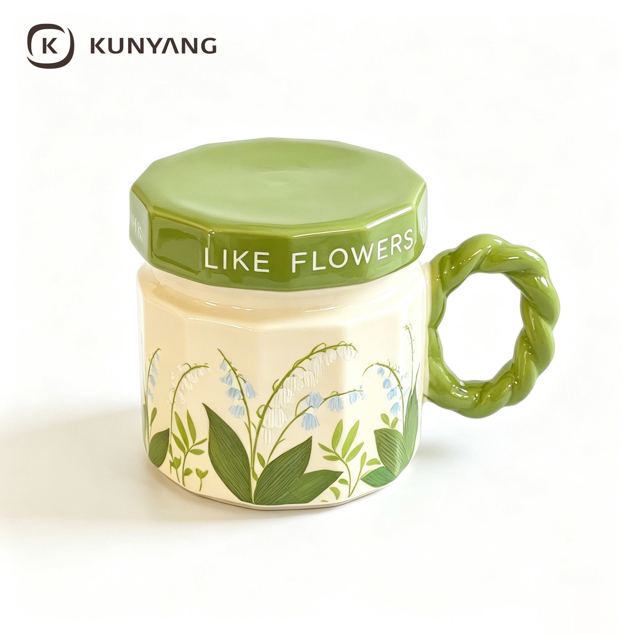 Green Floral Twist Handle Lidded Ceramic Mug