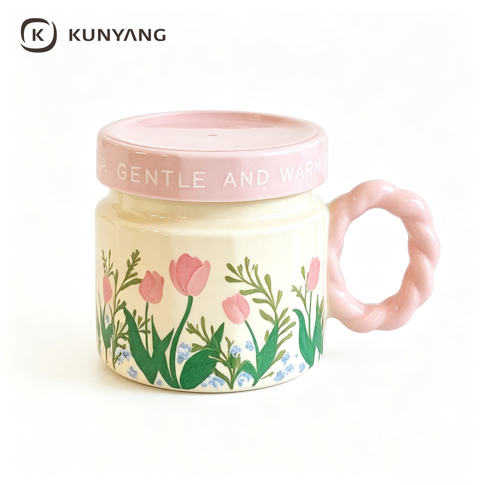 Pink Floral Twist Handle Lidded Ceramic Mug