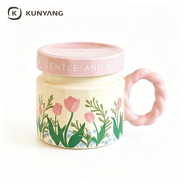 Pink Floral Twist Handle Lidded Ceramic Mug