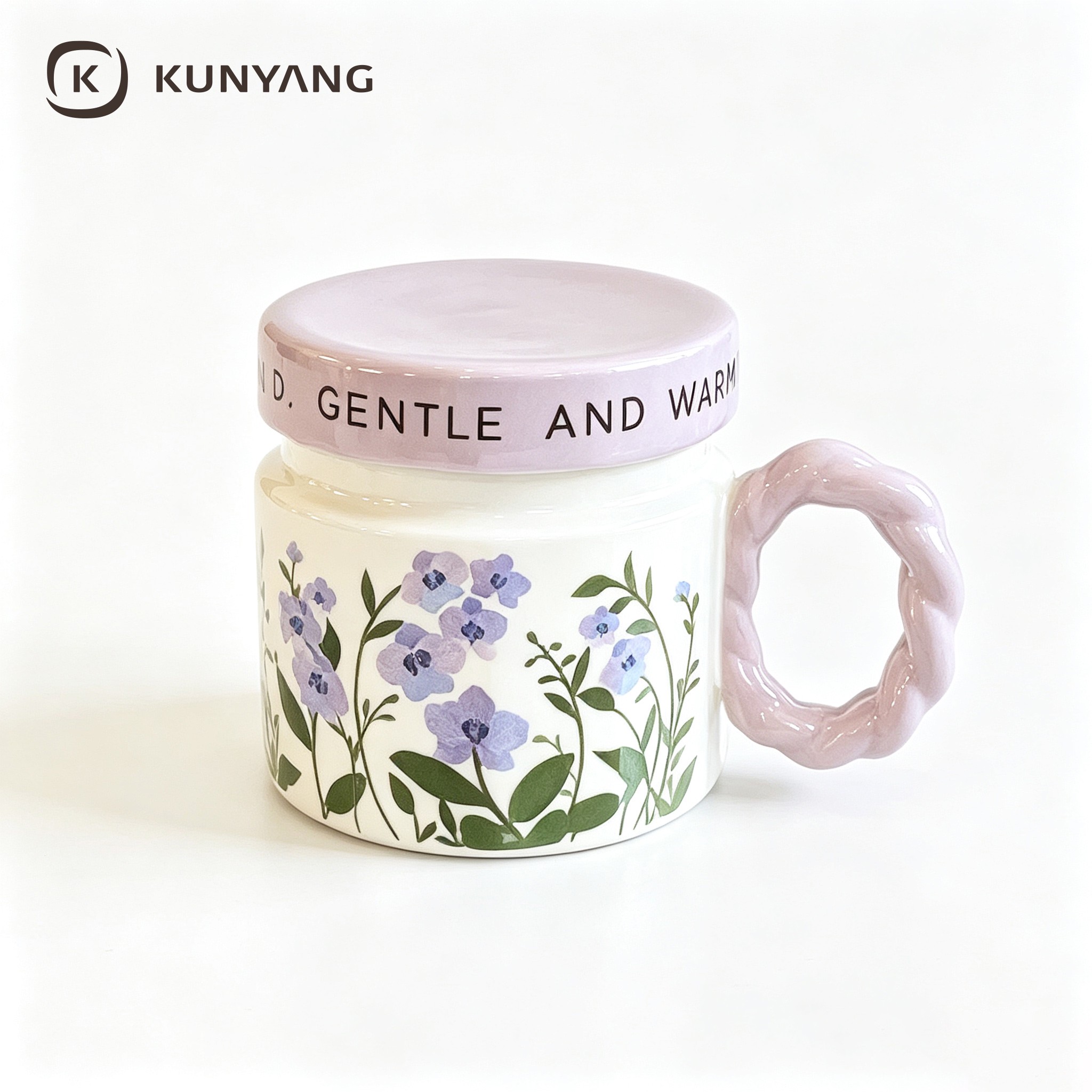 Purple Floral Twist Handle Lidded Ceramic Mug
