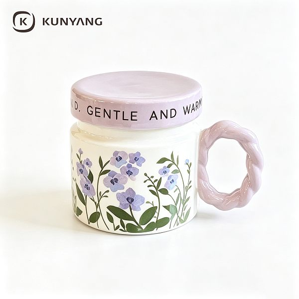Purple Floral Twist Handle Lidded Ceramic Mug