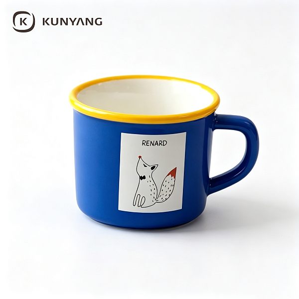 Blue Yellow Rim Enamel Style Cat Sketch Ceramic Mug