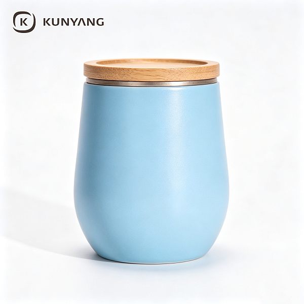 Light Blue Curved Ceramic Canister with Bamboo Lid