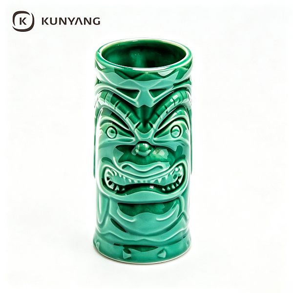 Glossy Green Embossed Tiki Ceramic Cocktail Mug