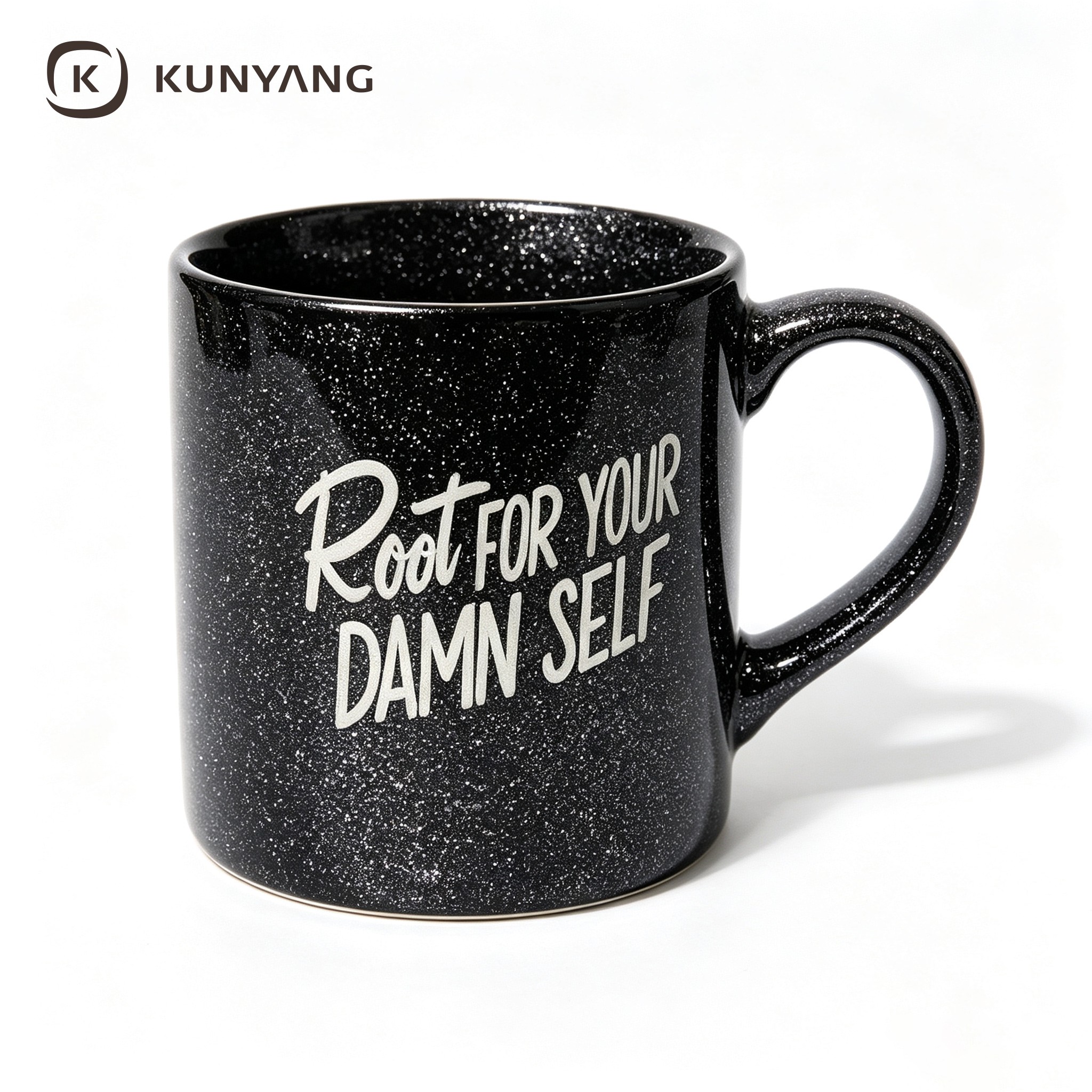 Black Speckled Heart Handle Slogan Ceramic Mug