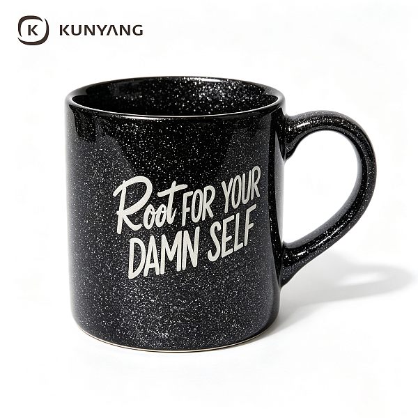 Black Speckled Heart Handle Slogan Ceramic Mug
