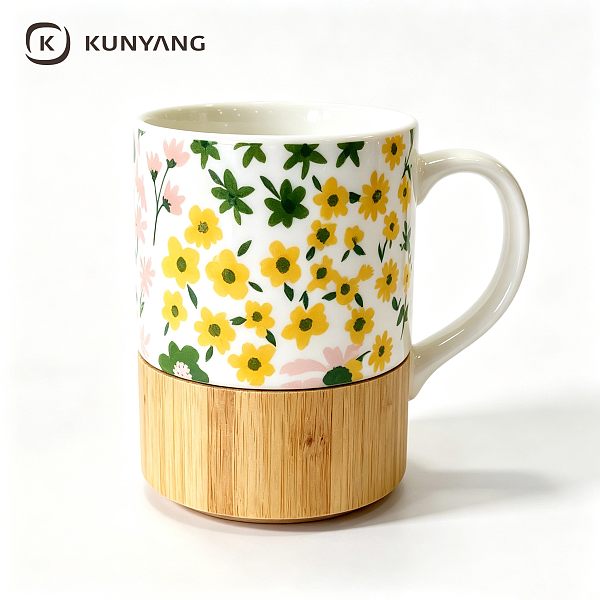 Wooden-Bottomed Floral Sticker Mug