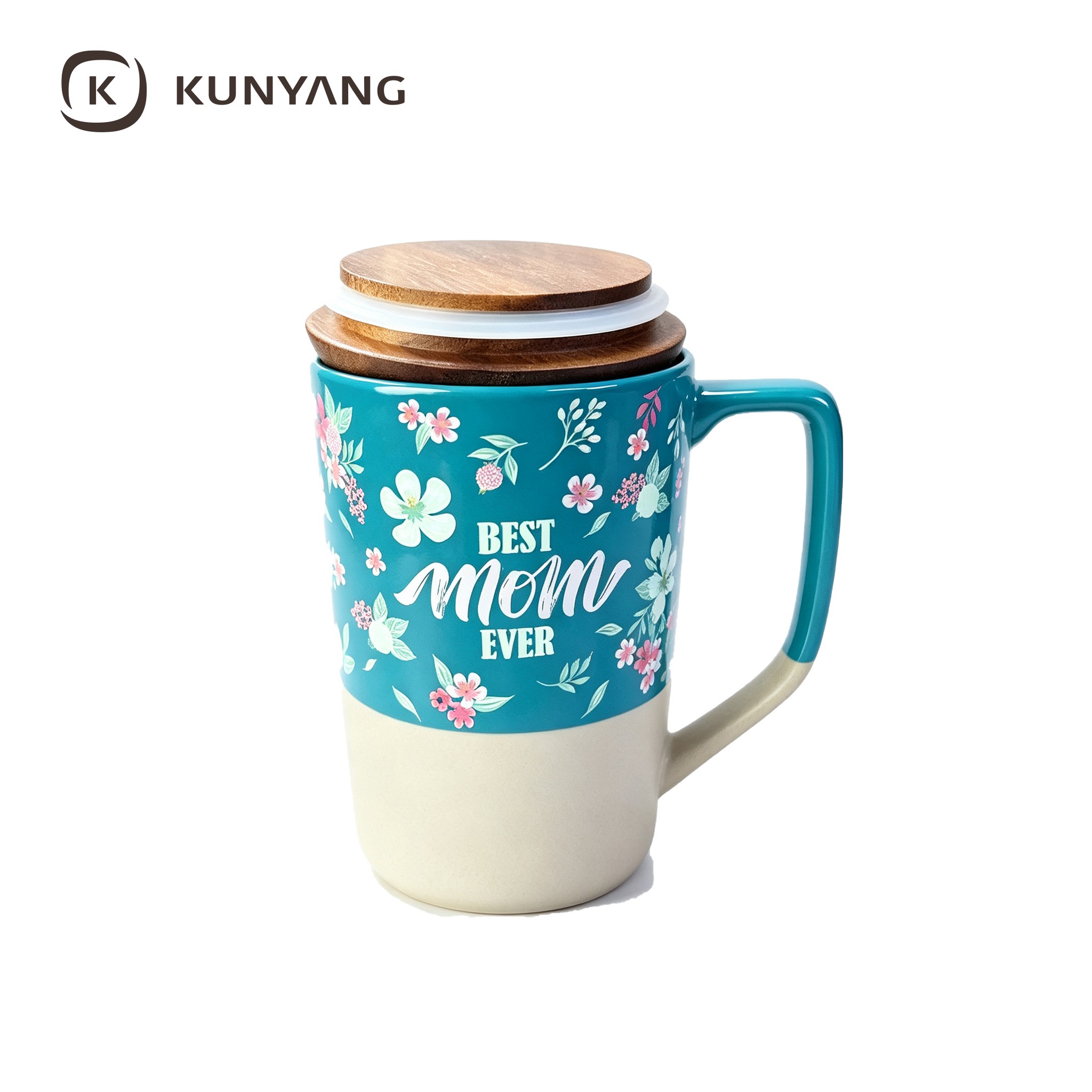 Turquoise Floral Print Ceramic Mug with Wooden Lid Turquoise Floral Print Ceramic Mug with Wooden Lid