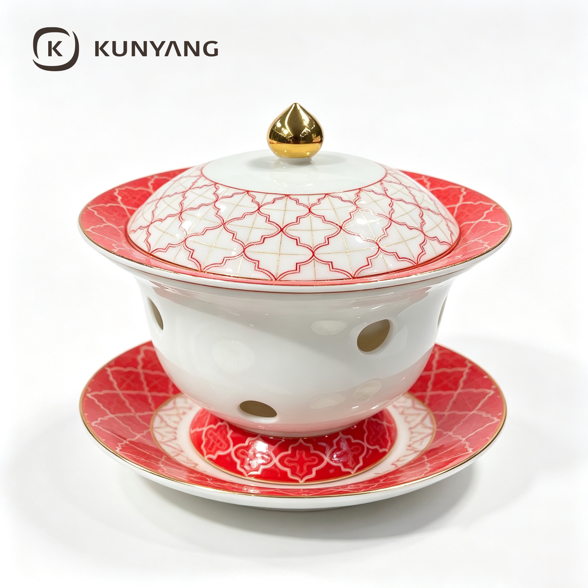Red Geometric Pattern Chinese Porcelain Gaiwan Tea Set