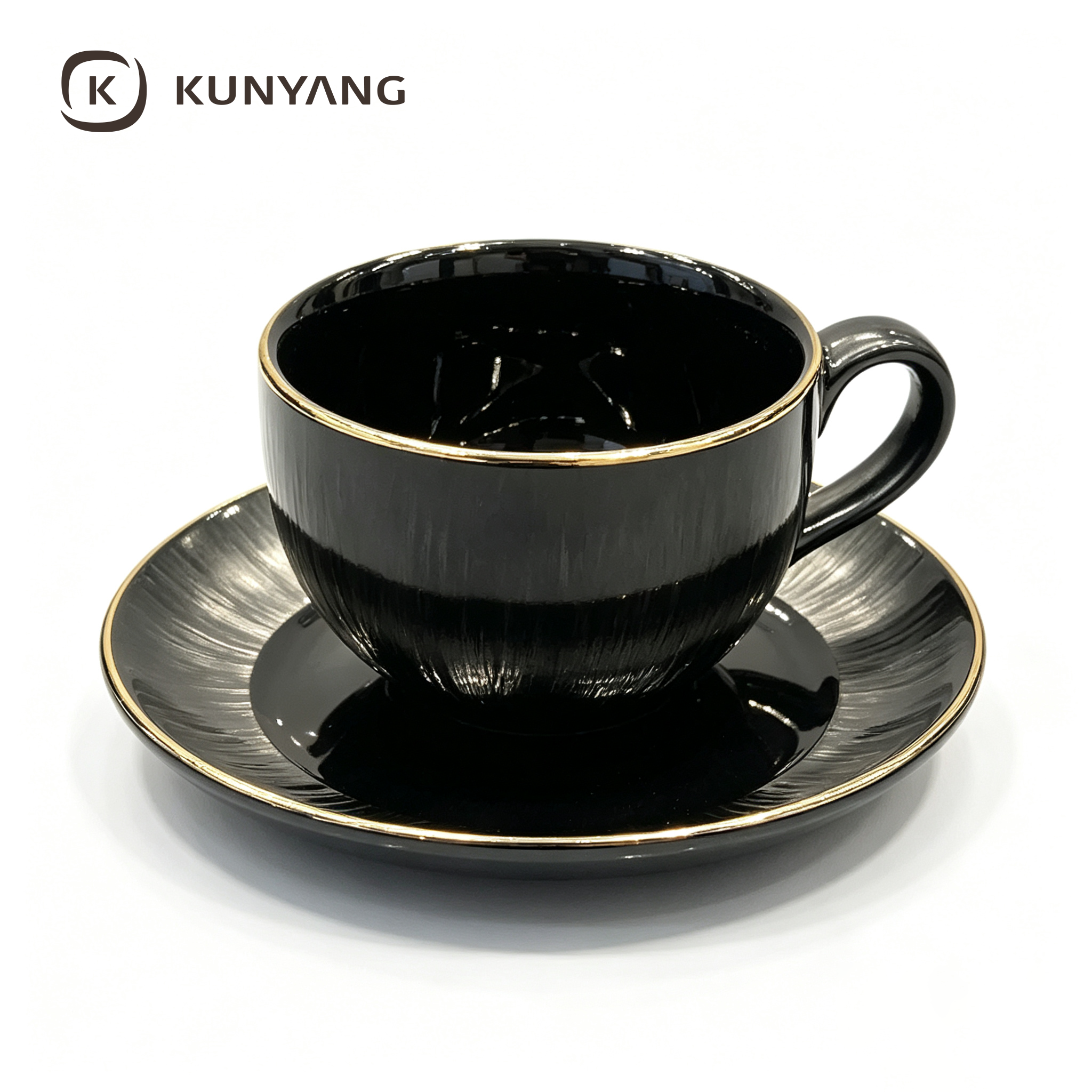 Black Gold Rim Ceramic Coffee Cup and Saucer Set
