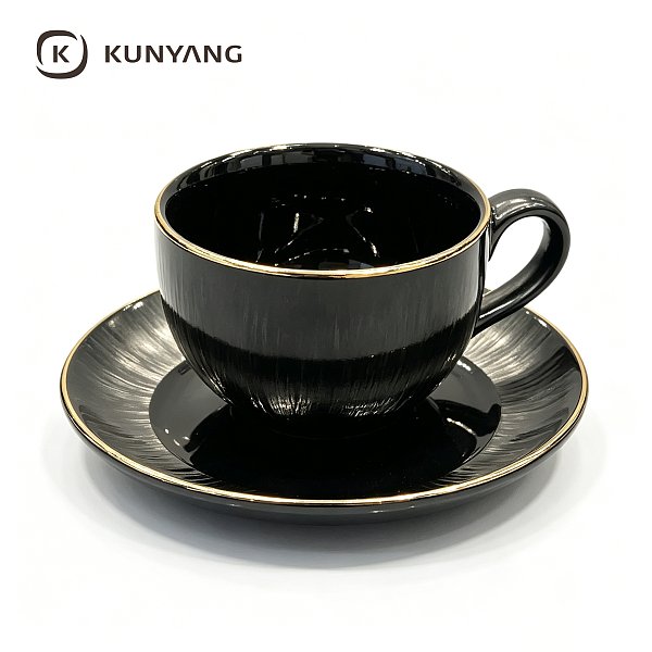 Black Gold Rim Ceramic Coffee Cup and Saucer Set