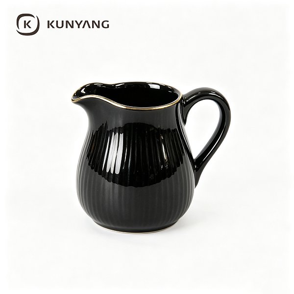Black Vertical Striped Gold Rim Creamer Pitcher