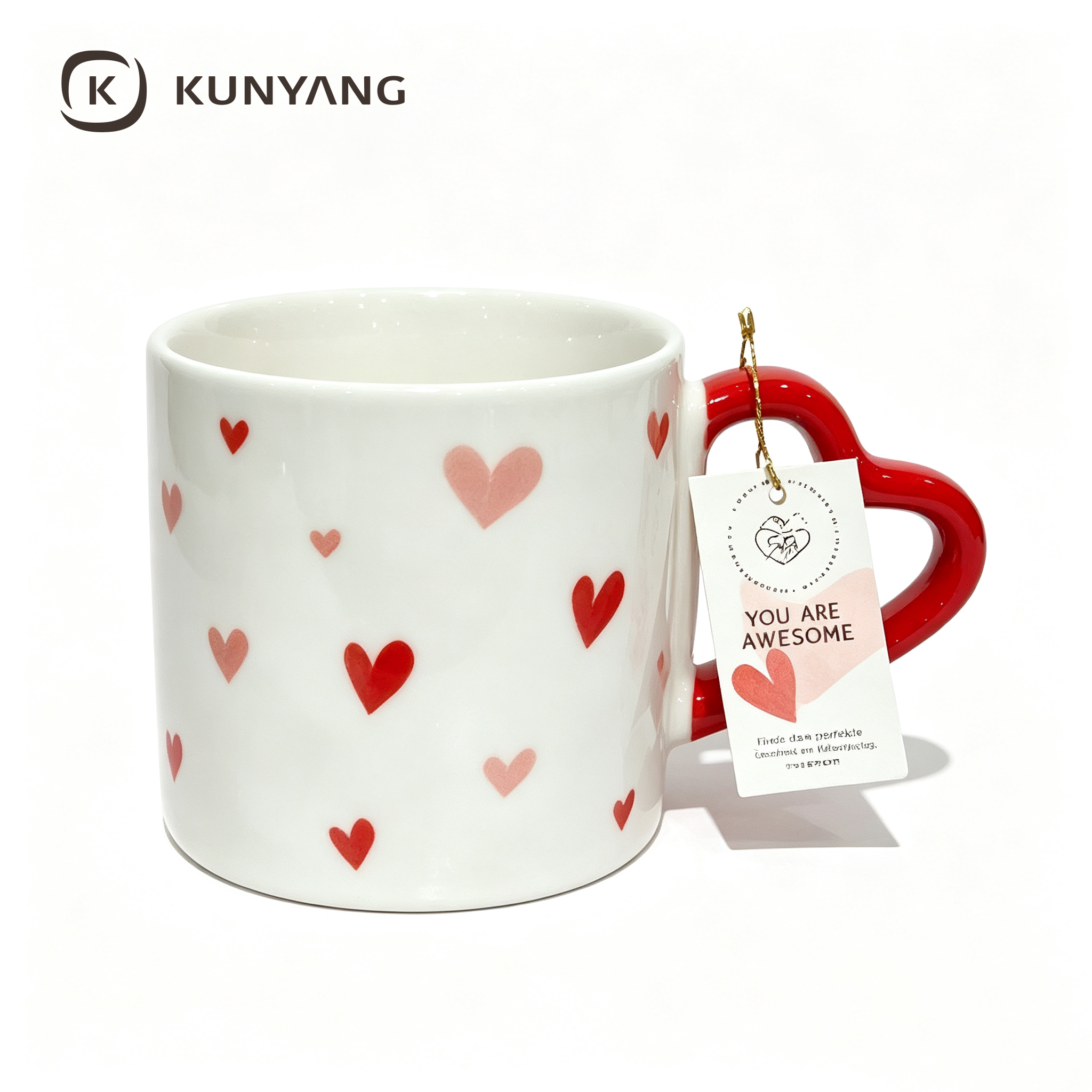 Heart Handle Love Print Ceramic Mug