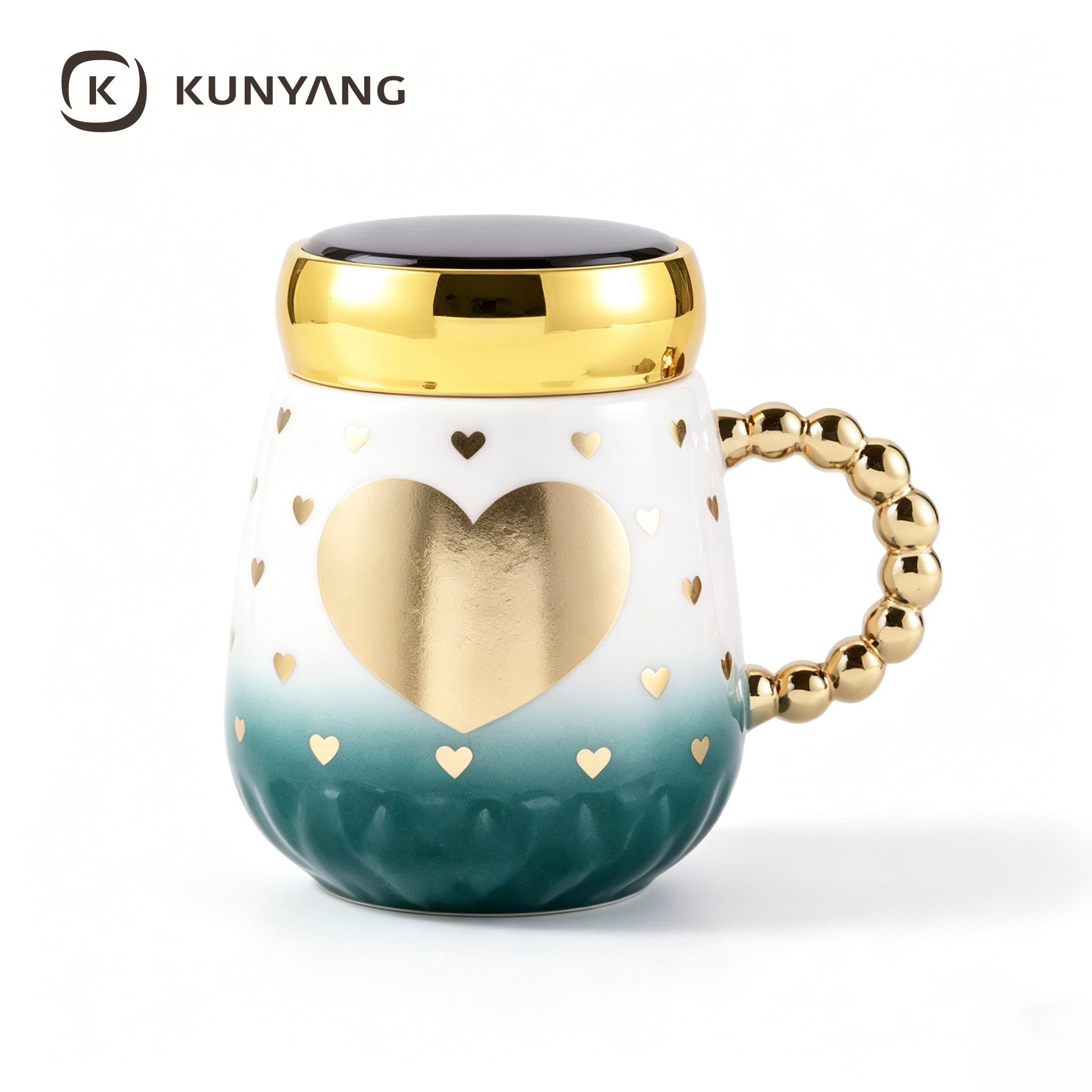 Gradient Green Heart Gold Lidded Mug