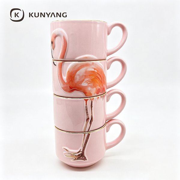 Flamingo Spliced Stackable Ceramic Mugs Set