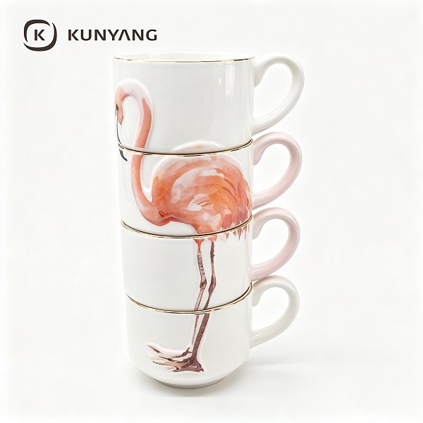 Flamingo Spliced Stackable Ceramic Mugs Set