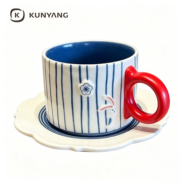 Blue Vertical Striped Red Handle Ceramic Mug with Saucer