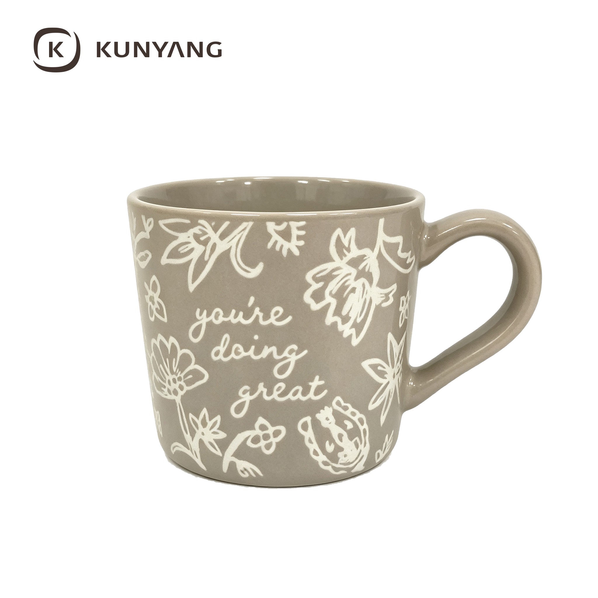 Grey Floral Script Embossed Ceramic Mug