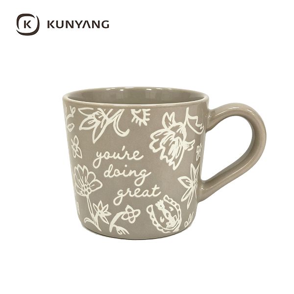 Grey Floral Script Embossed Ceramic Mug