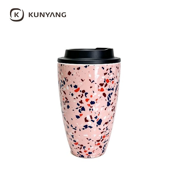 Pink Speckled Ceramic Travel Coffee Cup with Lid