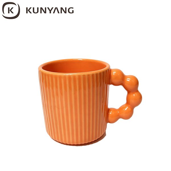 Orange Vertical Striped Bead Handle Mug